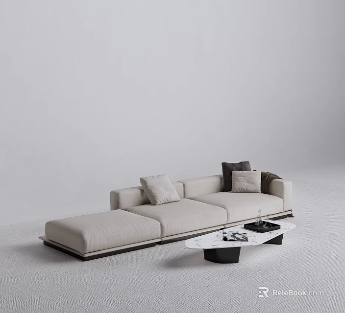 Modern L Shaped Beige Sofa With Throw Pillows And Sleek Coffee Table 3d model