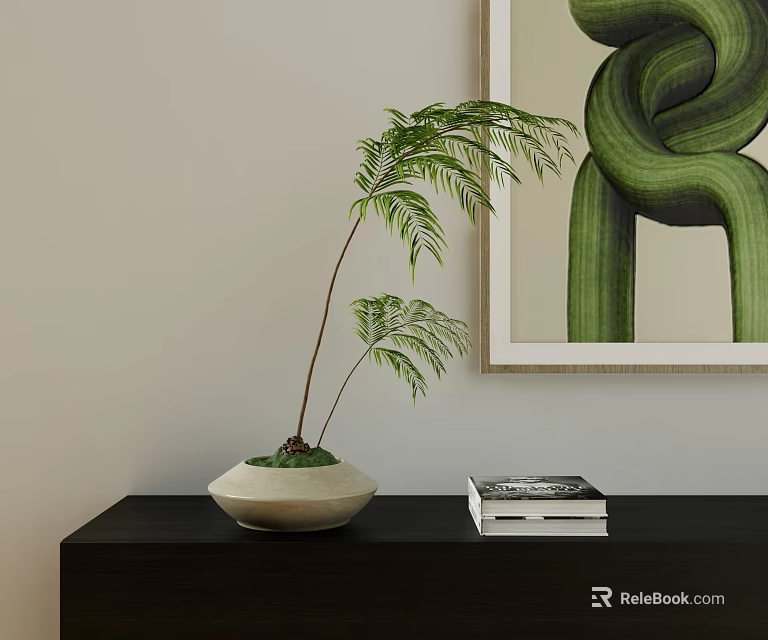 Bonsai Plant In White Pot On Black Cabinet With Books And Green Abstract Painting 3d model 