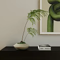 Bonsai Plant In White Pot On Black Cabinet With Books And Green Abstract Painting