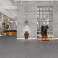 Industrial Style Club Interior With Brick Wall Greenery Glass Partition Gray Floor And Bear Sculpture