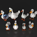 Cartoon Style Flying Animal Ducks In Various Poses And Different Colors On Black Background