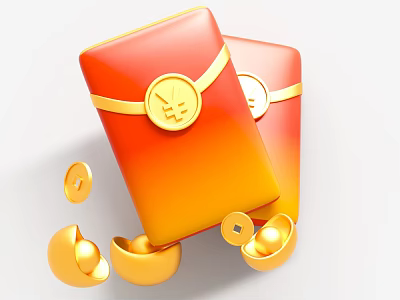 Red Envelopes With Gold Yen Symbol Coins And Ingot Decorations On White Background 3d model
