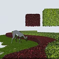 Green and Red Shrubs in Landscaped Grass Area with Deer Grazing
