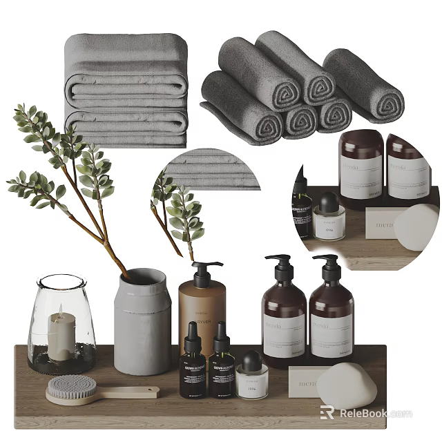 Bathroom Laundry Essentials With Rolled Towels Liquid Soap Bottles And Decorative Plants 3d model 