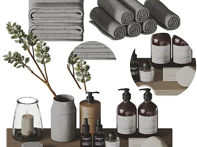 Bathroom Laundry Essentials With Rolled Towels Liquid Soap Bottles And Decorative Plants 3d model