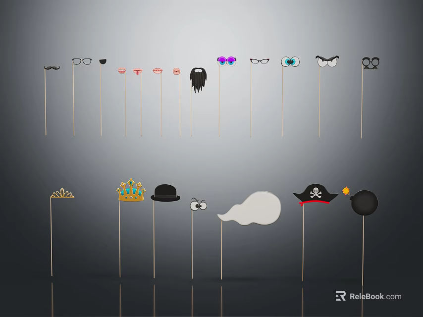 Diverse Commercial Party Event Equipment With Eyeglasses Crowns Pirate Hats And Ghost Props On Sticks 3d model 