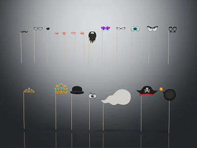 Diverse Commercial Party Event Equipment With Eyeglasses Crowns Pirate Hats And Ghost Props On Sticks 3d model