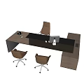 Modern Wooden Office Desk Setup With Black Surface Computer And Three Chairs 3d model
