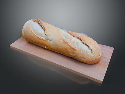 Fresh Long Loaf Bread On Wooden Cutting Board With Golden Crust 3d model