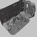 KOMATSU Yellow Excavator Engaged In Demolition Work Amidst Rubble And Old Buildings