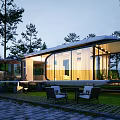 Modern Hotel Room With Glass Wall Design Outdoor Terrace And Evening Lighting