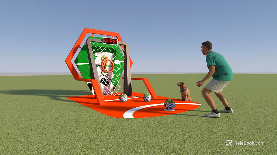Interactive Soccer Shooting Zone With Man Dog And Orange Green Structure 3d model 