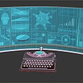 Vintage Typewriter With Curved Holographic Screen Displaying Tech Charts And Diagrams
