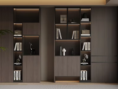 Modern Wooden Bookcase Interior With Multi Layer Shelves Books And Decorative Lighting 3d model