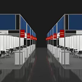 Exhibition Booth Layout With White Frames Blue Panels And Tables 3d model