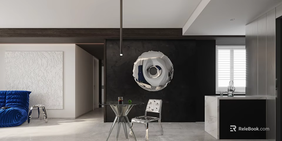 Modern Dining Room Interior With Round Pendant Light Metal Table And Clear Chair 3d model 