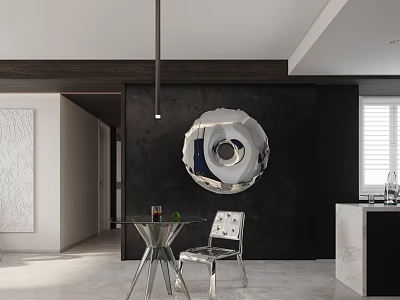 Modern Dining Room Interior With Round Pendant Light Metal Table And Clear Chair 3d model