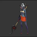 Horned Blue Skin Fantasy Character With Orange Skirt And Staff Weapon Design
