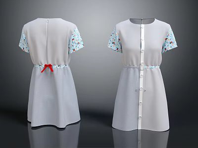 Light Gray Short Sleeve Dress With Floral Patterned Sleeves Front Buttons And Back Red Bow 3d model
