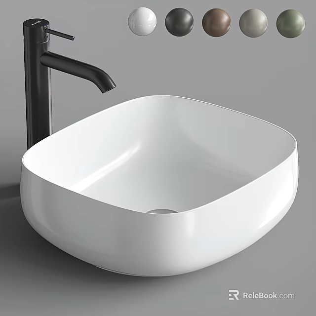 Modern White Square Countertop Washbasin Featuring Black Faucet And Sleek Design 3d model 