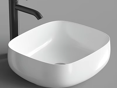Modern White Square Countertop Washbasin Featuring Black Faucet And Sleek Design 3d model