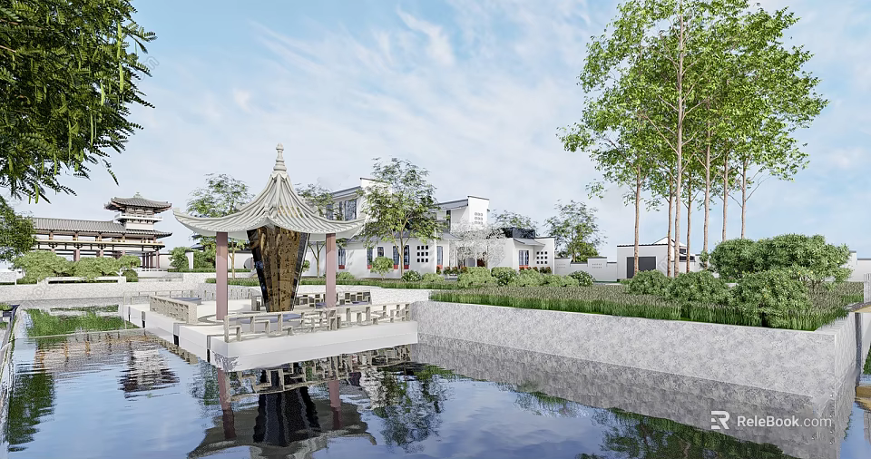 Traditional Chinese Courtyard Garden With Scenic Pavilion Pond Reflection Green Trees And Seating 3d model 