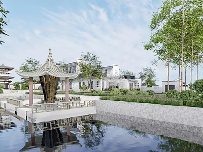 Traditional Chinese Courtyard Garden With Scenic Pavilion Pond Reflection Green Trees And Seating 3d model