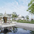 Traditional Chinese Courtyard Garden With Scenic Pavilion Pond Reflection Green Trees And Seating