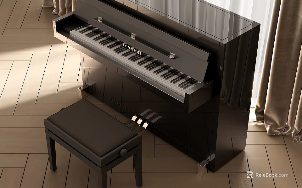 Elegant Black Upright Piano And Stool In Modern Room 3d model 
