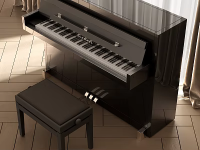 Elegant Black Upright Piano And Stool In Modern Room 3d model