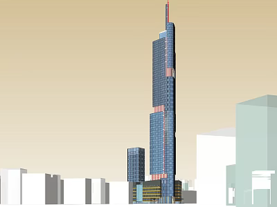 Tall Modern Skyscraper With Blue Glass Facade Among Surrounding Buildings 3d model