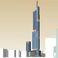 Tall Modern Skyscraper With Blue Glass Facade Among Surrounding Buildings