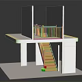 Wooden Staircase With Railing Connecting Upper And Lower Levels In White Building