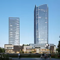 Modern High Rise Office Buildings With Glass Curtain Walls And Urban Green Areas