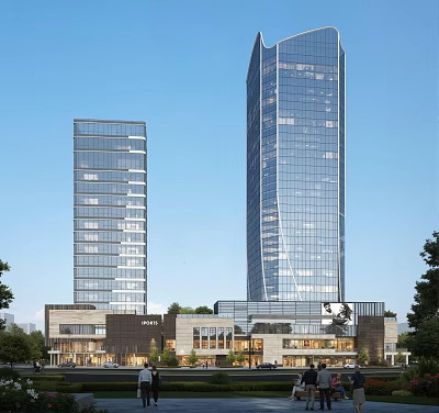 Modern High Rise Office Buildings With Glass Curtain Walls And Urban Green Areas 3d model