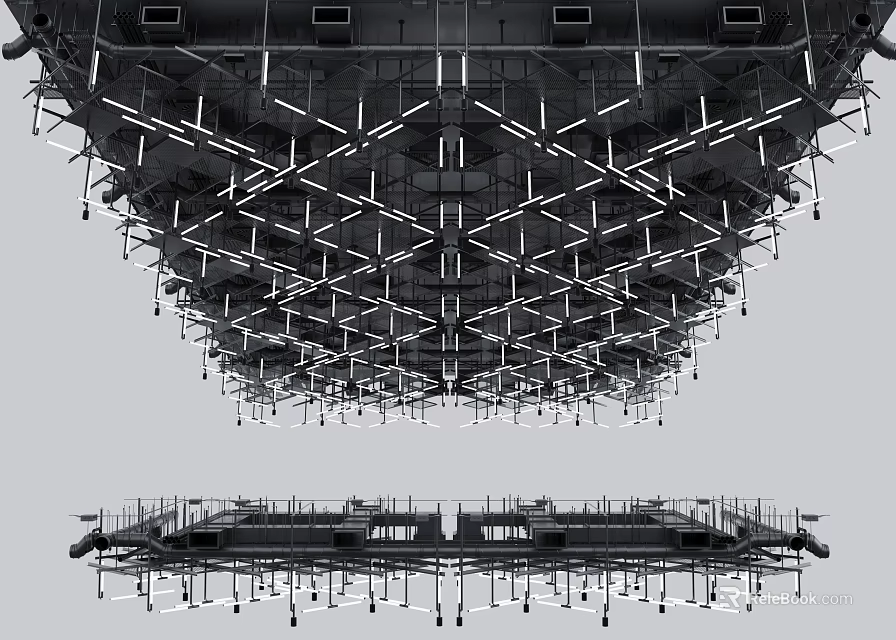 Modern Industrial Ceiling Design With Geometric Metal Frames And Suspended Lights 3d model 