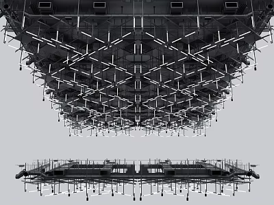 Modern Industrial Ceiling Design With Geometric Metal Frames And Suspended Lights 3d model