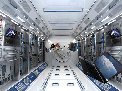 Space Station Interior With Advanced Equipment Control Panels And Astronaut Figure 3d model