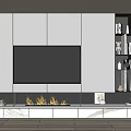 Modern TV Background Wall Design With Gray Cabinets Open Shelves And Fireplace Accent