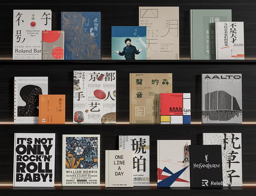 Various Designed Books And Magazines With Creative Covers On Shelf 3d model 