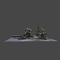 Burnt motorcycle with rusted parts and scattered ash and debris on outdoor ground