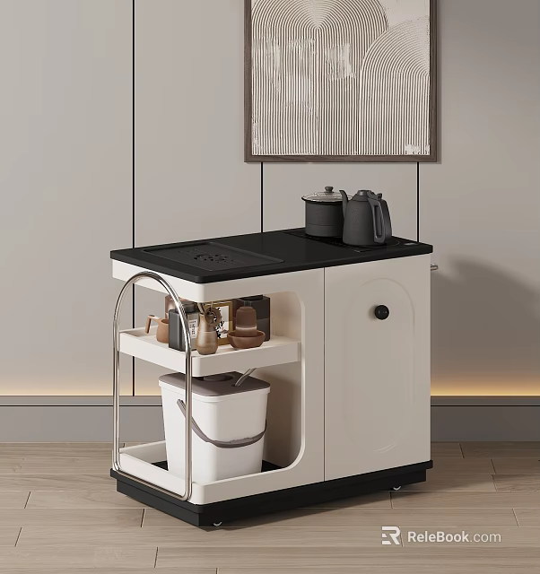 Modern Side Table With Black Top White Cabinet And Metal Storage Shelf 3d model 