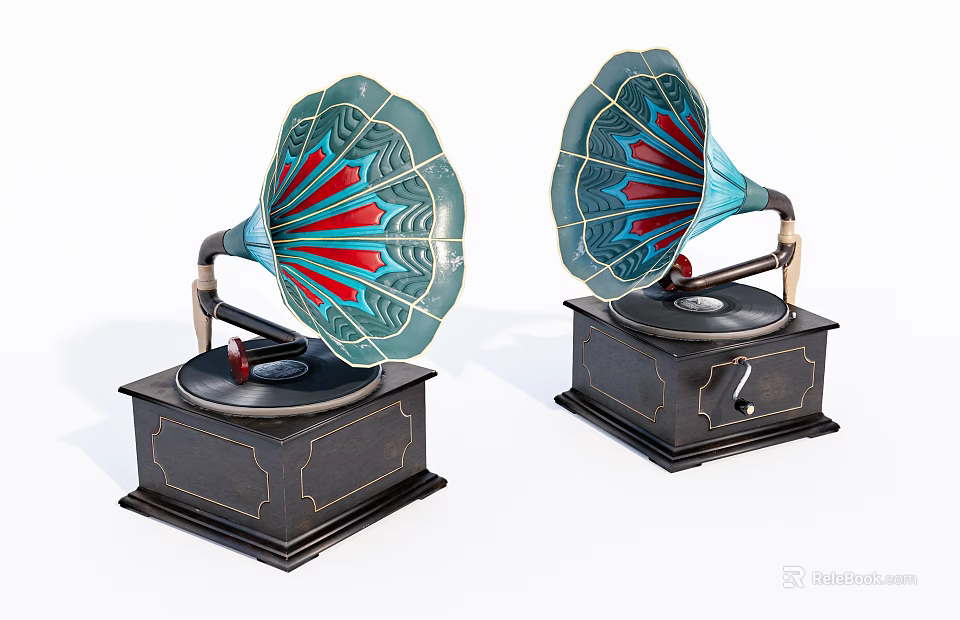 Vintage Gramophones With Colorful Horns And Dark Wooden Bases For Retro Audio Setup 3d model 