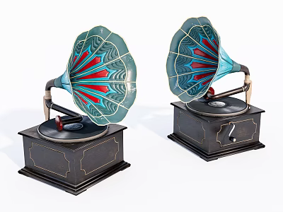 Vintage Gramophones With Colorful Horns And Dark Wooden Bases For Retro Audio Setup 3d model