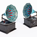 Vintage Gramophones With Colorful Horns And Dark Wooden Bases For Retro Audio Setup