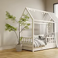 White House Shaped Children's Bed With Star Decorations Curtains Gray Bedding Pillows And Green Plant