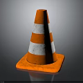 Orange And White Striped Safety Traffic Cone On Black Reflective Surface