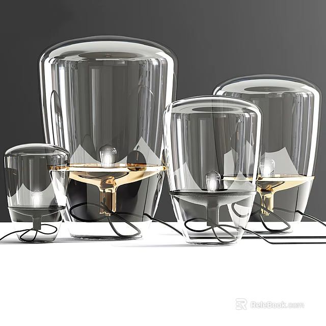 Modern Transparent Table Lamps with Golden Base and Black Wire Design in Sleek Minimalist Set 3d model 