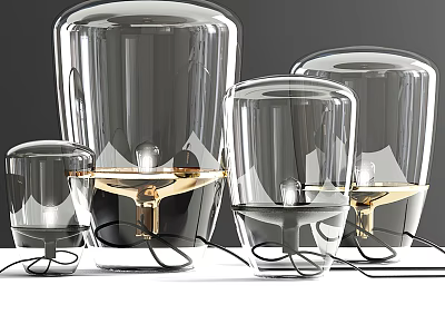 Modern Transparent Table Lamps with Golden Base and Black Wire Design in Sleek Minimalist Set 3d model