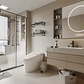 Modern Bathroom Interior With Glass Shower Enclosure Intelligent Toilet Large Mirror And Marble Countertop